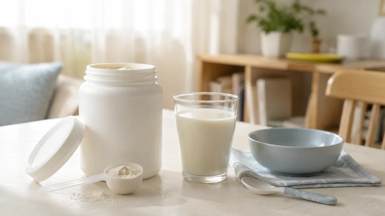 淺色桌面上放著一罐乳白色粉末、量匙與一杯沖泡好的飲品，旁邊有兒童餐具