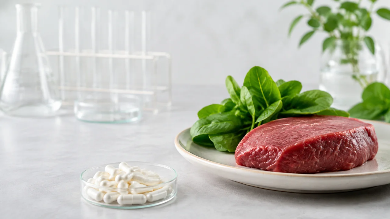 膠囊、瘦肉、綠葉蔬菜與實驗室玻璃器皿放在桌面上