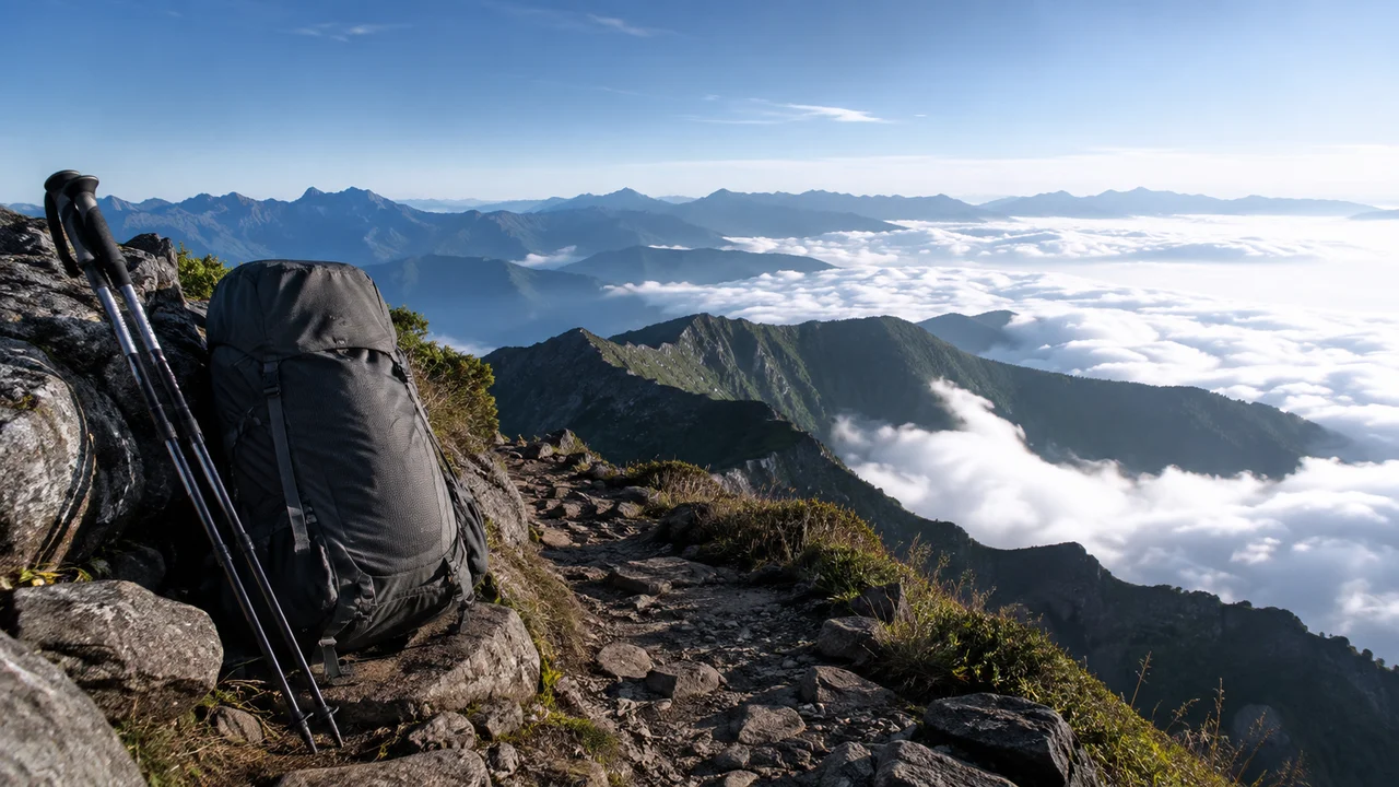 登山背包與登山杖放在高山步道旁的岩石上，遠處是雲海與山稜線
