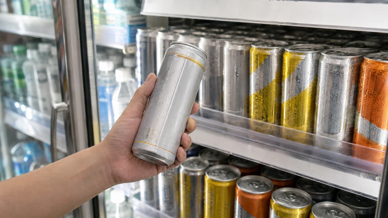 便利商店冷藏櫃前一排提神飲料罐，其中一罐被拿在手上翻看背面標示