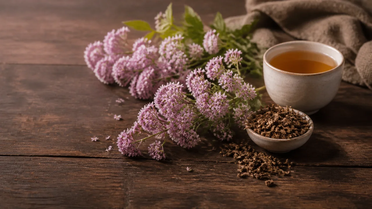 淡粉色纈草花、乾燥根部與一杯草本茶放在桌上