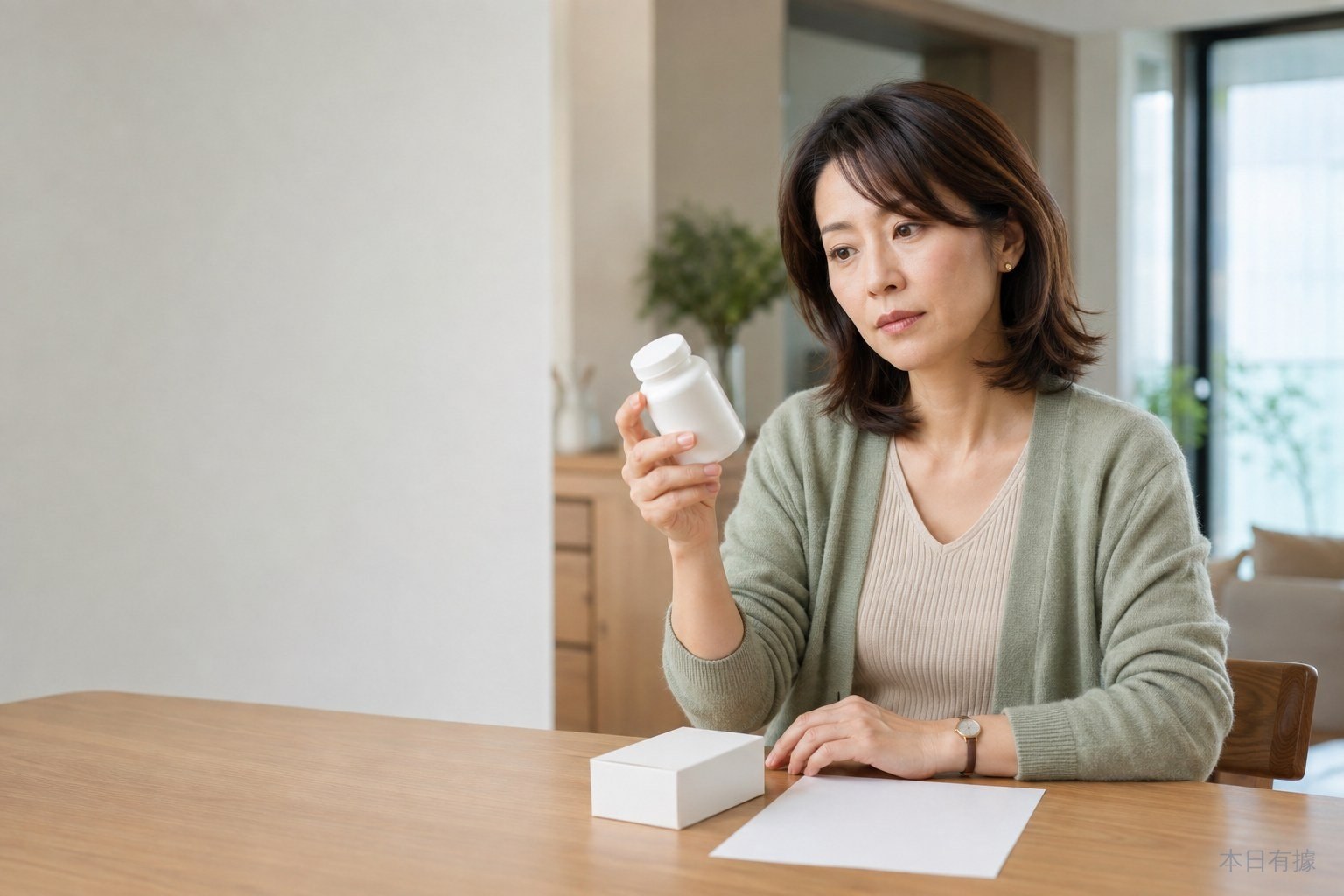 精胺酸不是看到心血管保健訴求就能直接補充,先確認病史與用藥狀況,才能避開潛在風險。 一名台灣中年成人在餐桌前查看精胺酸保健食品標籤,旁邊放著處方藥盒與用藥清單。