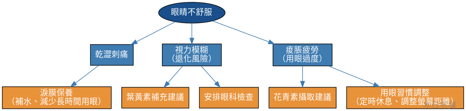 眼睛不舒服的判斷流程圖，依乾澀刺痛、視力模糊退化風險、痠脹疲勞三種症狀分流出不同建議路徑