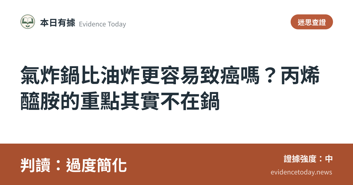 分享卡片預覽：氣炸鍋比油炸更容易致癌嗎？丙烯醯胺的重點其實不在鍋，判讀過度簡化