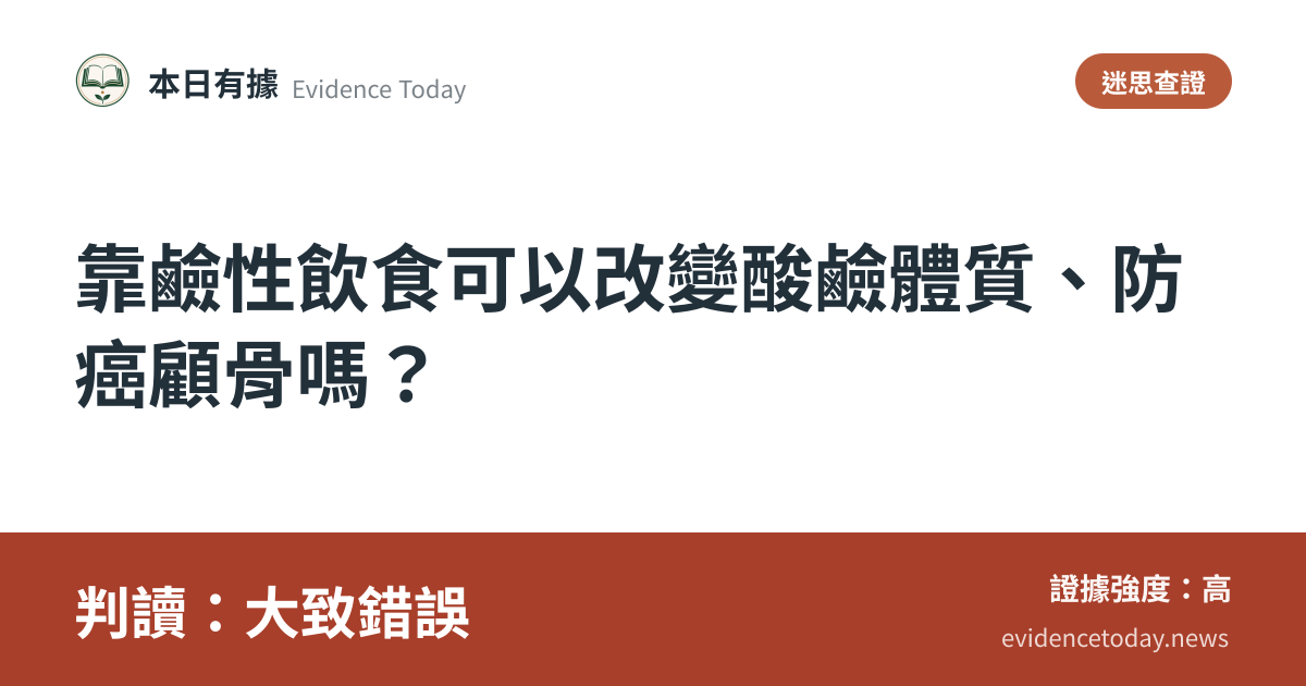 分享卡片預覽：靠鹼性飲食可以改變酸鹼體質、防癌顧骨嗎？，判讀大致錯誤
