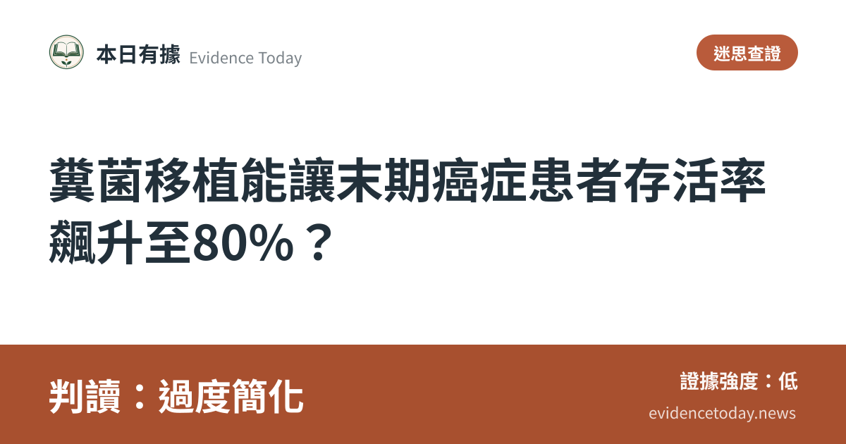 分享卡片預覽：糞菌移植能讓末期癌症患者存活率飆升至80%？，判讀過度簡化