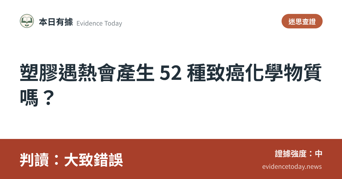 分享卡片預覽：塑膠遇熱會產生 52 種致癌化學物質嗎？，判讀大致錯誤