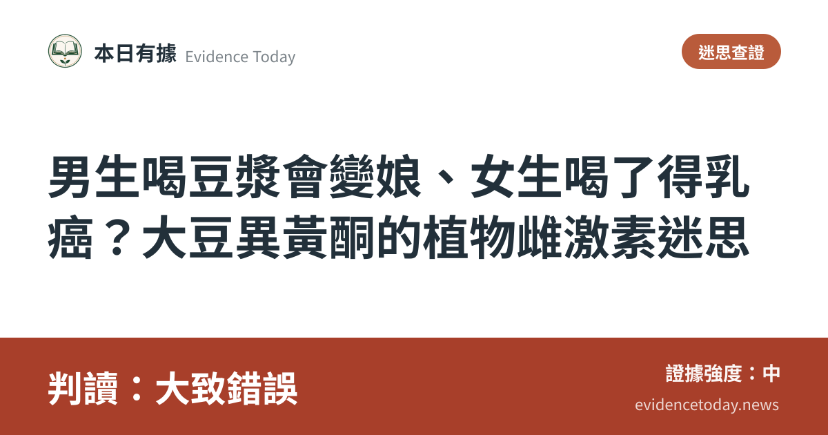 分享卡片預覽：男生喝豆漿會變娘、女生喝了得乳癌？大豆異黃酮的植物雌激素迷思，判讀大致錯誤