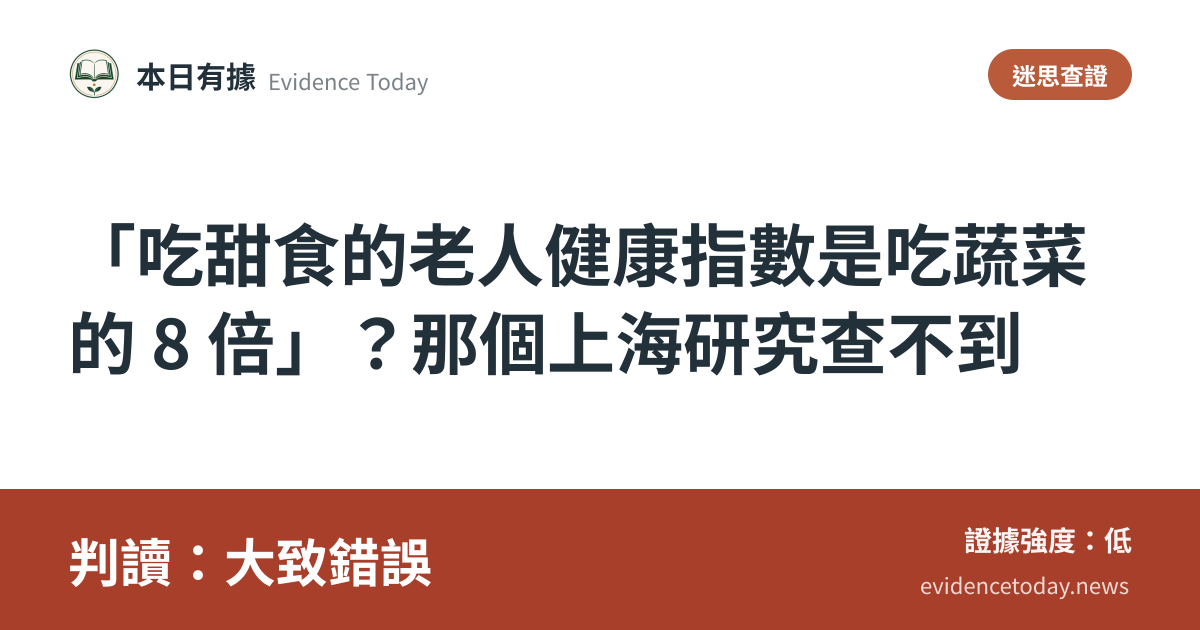 分享卡片預覽：「吃甜食的老人健康指數是吃蔬菜的 8 倍」？那個上海研究查不到，判讀大致錯誤